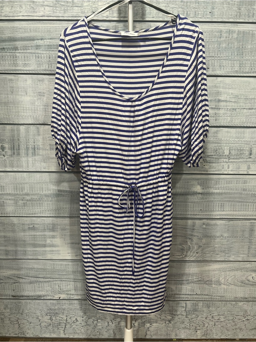 Calvin Klein Blue and White Striped Drawstring Mini Dress
